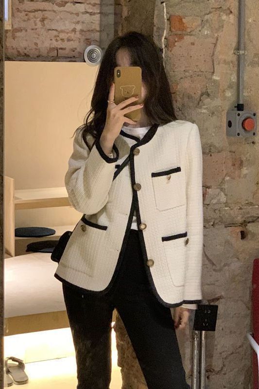 Plus Size New Women's Jacket Korean Style Round Neck Color-Block Tweed Top Loose Fashion Versatile Jacket for Women