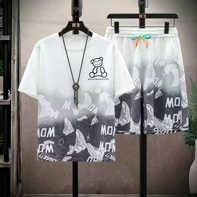 Camisas menos ropa verano delgado comercio exterior traje deportivo oso estampado digital para hombres pantalones cortos casuales de manga corta de dos piezas