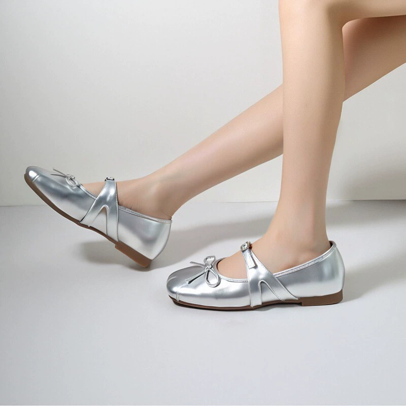 Серебряные элегантные ретро-балетки для женщин с бантом, квадратным носком, неглубоким вырезом, мягкие туфли Мэри Джейн для женщин