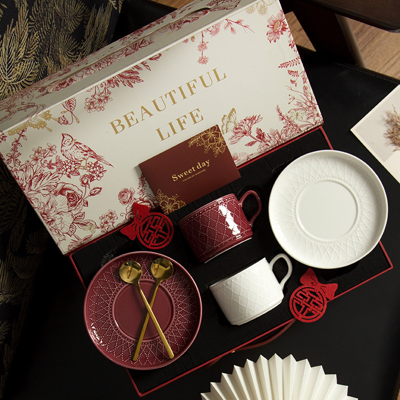 Embossed Coffee Cup and Saucer Set, Exquisite Underglaze Color, Home Housewarming Gift, Wedding Celebration Souvenir