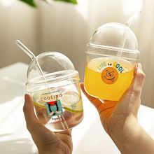 吸管杯女生高颜值玻璃杯网红bobo杯夏季透明杯子吸管卡通印花单层