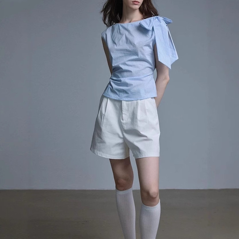 Romantic Escape "Breeze Blue" Blue Stripe Asymmetrical Bow Waist Pleated Shirt Salt All-match Slimming