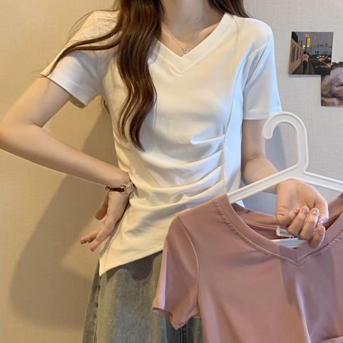 Bottoming shirt top design niche short-sleeved T-shirt women's summer loose slimming large size pure lust style slit