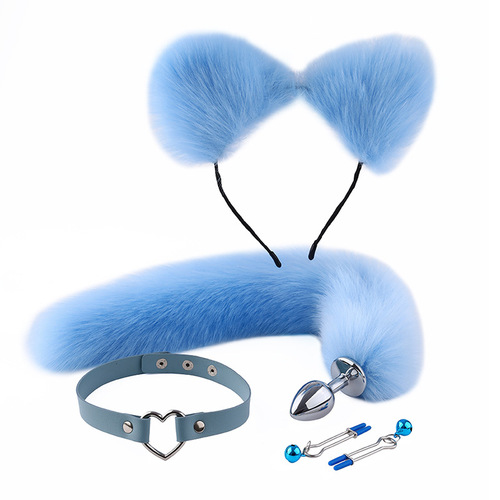 Fox tail anal plug, backyard flirting, nipple clip, ear collar, adult sex toy, artificial tail hair set toy