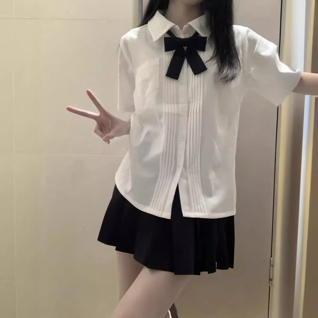 夏季新款日系学院风原创jk制服衬衫套装女学生校供感褶皱百搭衬衣