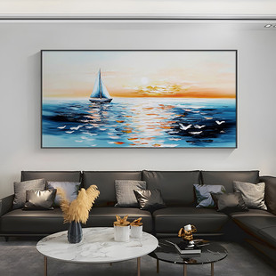 "Set Sail on the Blue Sea" Purely Hand-Painted Oil Painting of Sunrise Voyage, Tranquil Seascape Art Hanging Picture, Light Luxury Living Room and Bedroom Painting