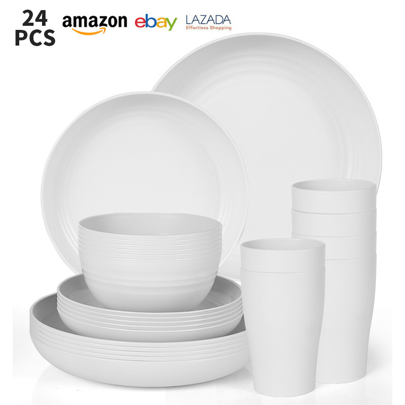 Foreign Trade Hot Selling Tableware Bowl Cup suit Cross-border 24-piece Set Anti-fall Wheat Straw White Bowl Cup Tableware Foreign Trade Hot Selling Tableware Bowl Cup suit Cross-border 24-piece Set Anti-fall Wheat Straw White Bowl Cup Tableware