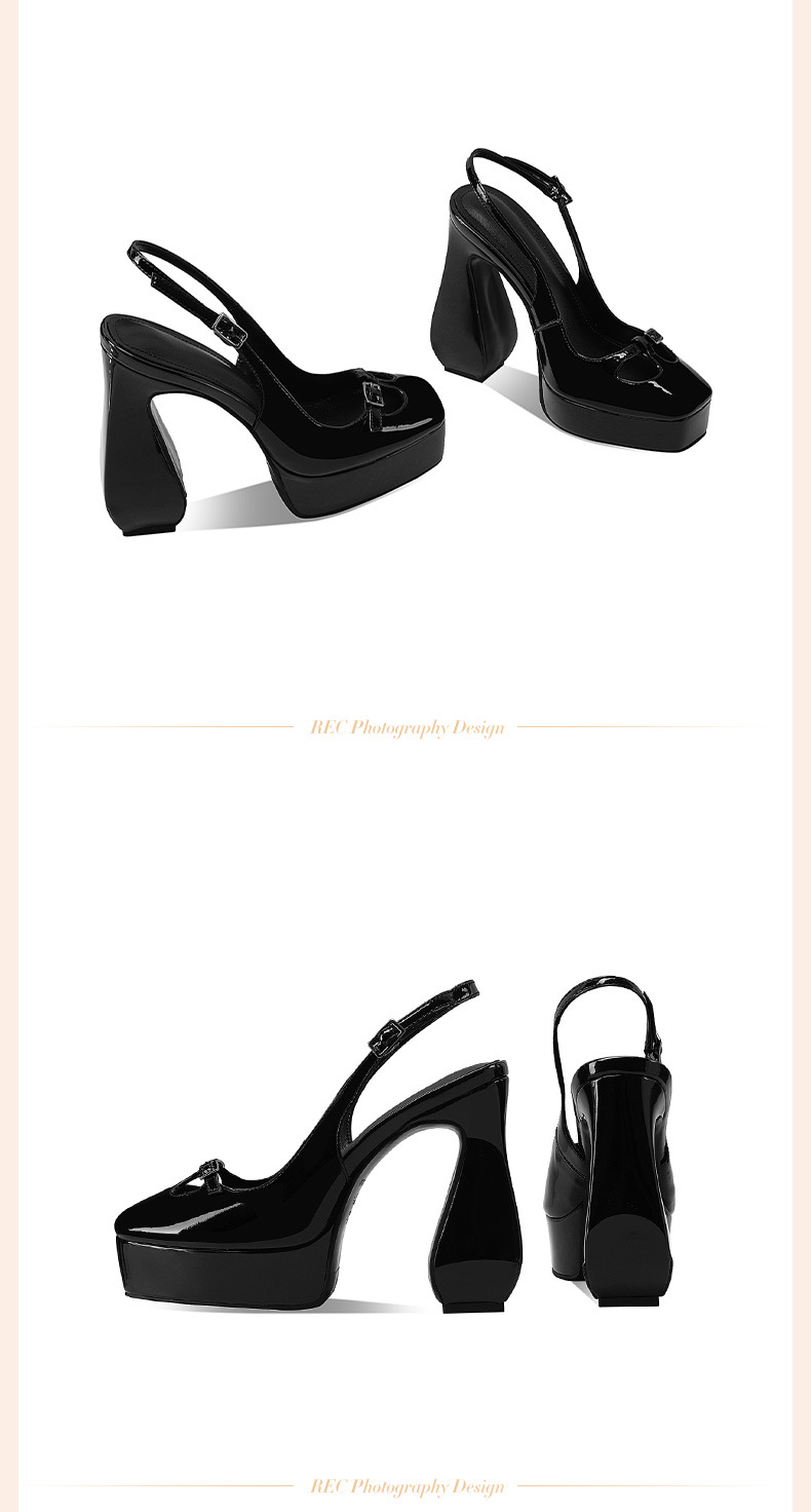 Sandal cao gót nữ mũi vuông đế platform da bò sơn — đen chi tiết 10