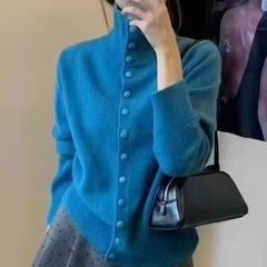 女秋冬高领针织衫2025新款单排扣外套纯色麻花开衫洋气毛衣女外搭