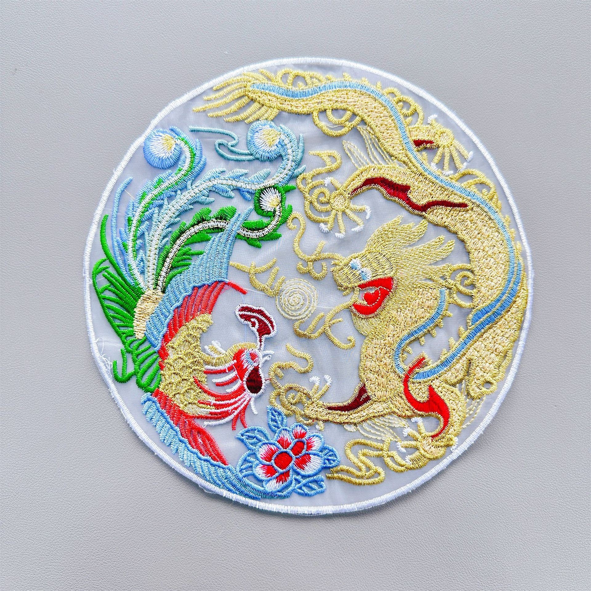 Parche de bordado Hanfu de estilo chino tradicional, aplique floral redondo de dragón y fénix, nuevo accesorio de ropa de estilo chino, bordado decorativo DIY.