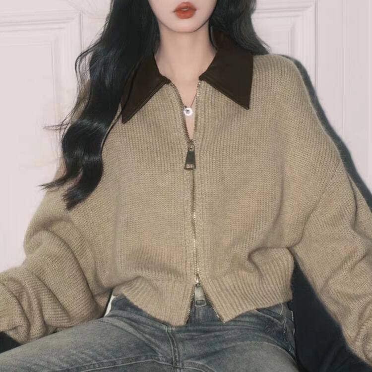 Foreve21 Lazy khaki Collar Knitted Cardigan Top Women's Ins Loose Soft Waxy Casual Sweater Jacket