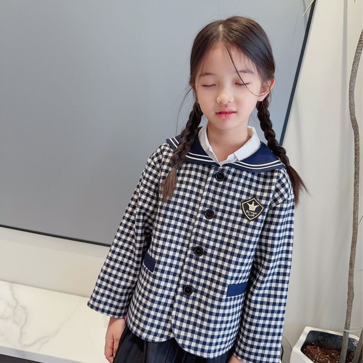 버밍엄 칼리지 해군 코트 호주 울 격자 무늬 해군 칼라 소녀의 배지 코트