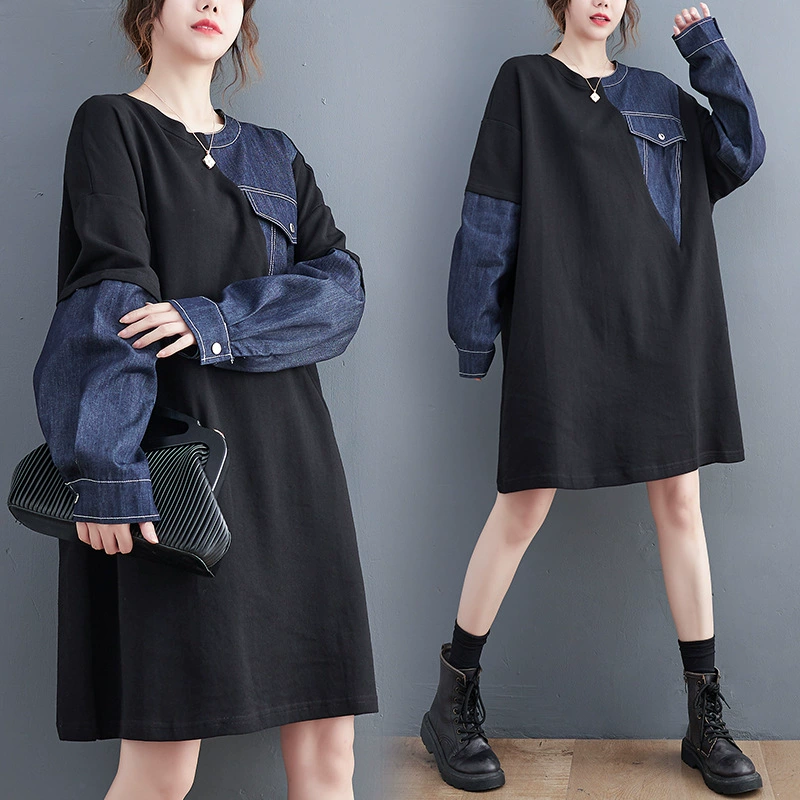 Весна 2023 Новое свободное повседневное джинсовое платье больших размеров в Корейском стиле для женщин