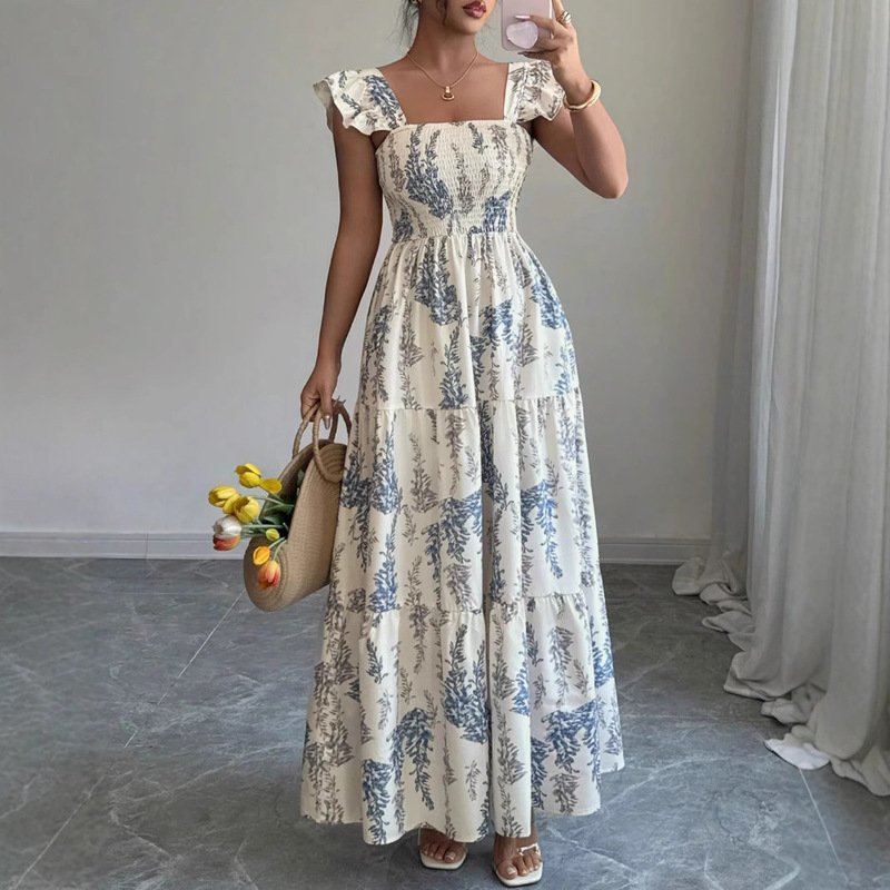 French Square Neck Dress, Waist Long Skirt, European and American Cross-Border New Summer Style