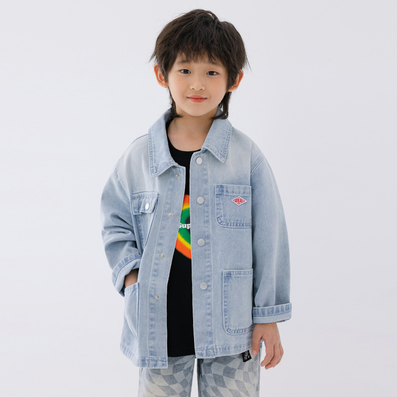 EK童装日系简约牛仔男童宽松外套洋气个性中大儿童衬衫善上衣潮牌