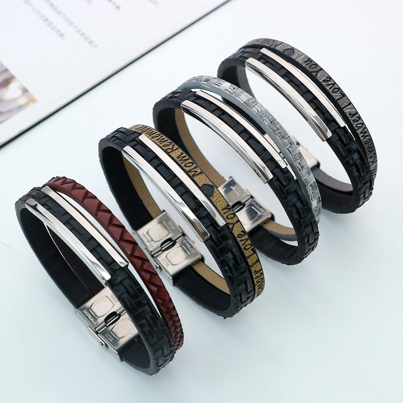 Amazon hot selling fashion Men's bracelet PU hand-woven black leather titanium steel couple bracelet wholesale