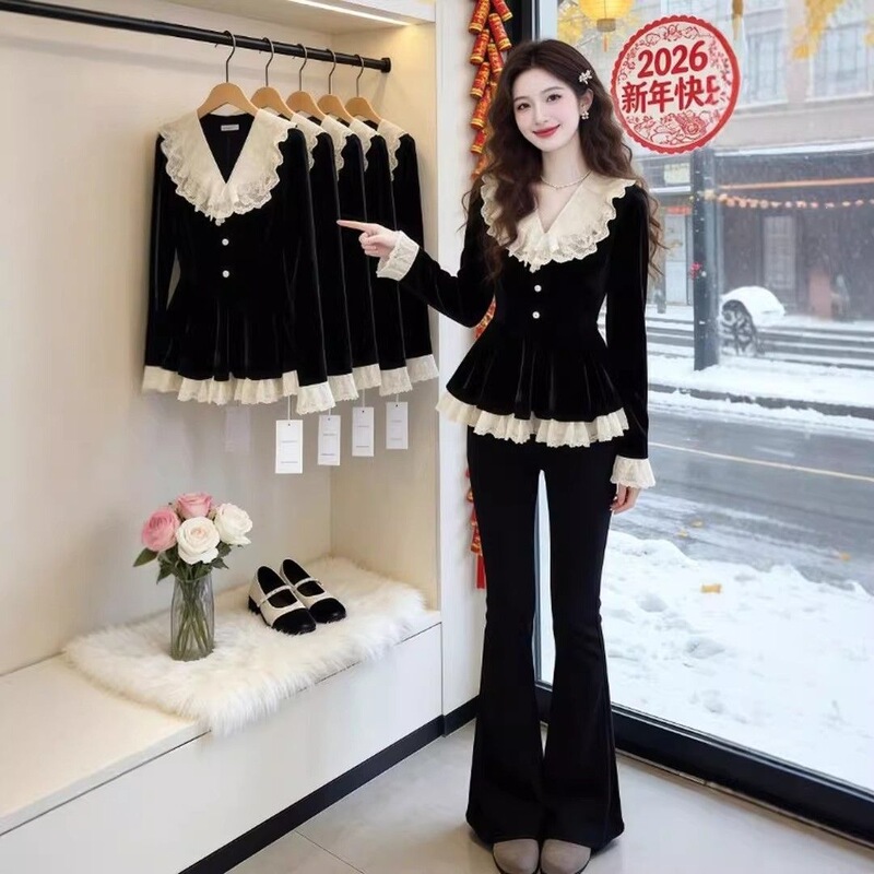 Slimming long-sleeve top with a waist-cinching effect, unisex, spring French gentle style lace V-neck shirt 150kg plus size