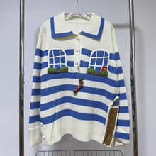 2025秋季新款撞色条纹手钩花刺绣时尚宽松POLO领针织开衫上衣女