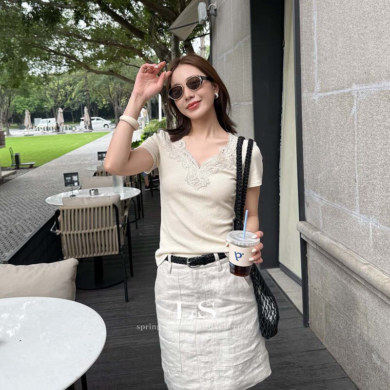 【LS New Brand】Black Label Minimalist Luxury Brand New Summer Minimalist Solid Color V-neck T-shirt for Women 30605 #