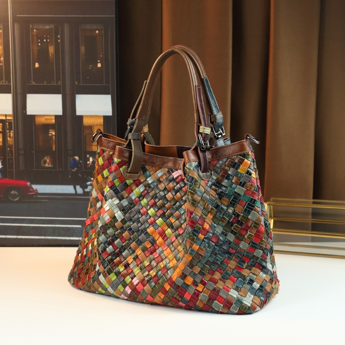 Retro Style Large Capacity Hand Woven Colorful Genuine Leather Patchwork Tote Bag Women's Casual Versatile Crossbody Bag_voghion.com