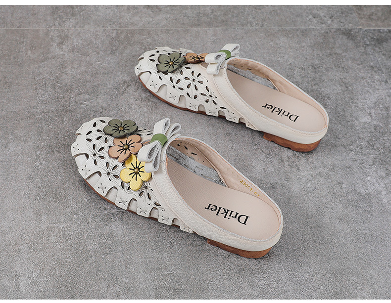 Dép sandal nữ bít mũi da bò thật hoa khắc lỗ, đế mềm, phong cách cổ điển — màu trắng ngà chi tiết 11