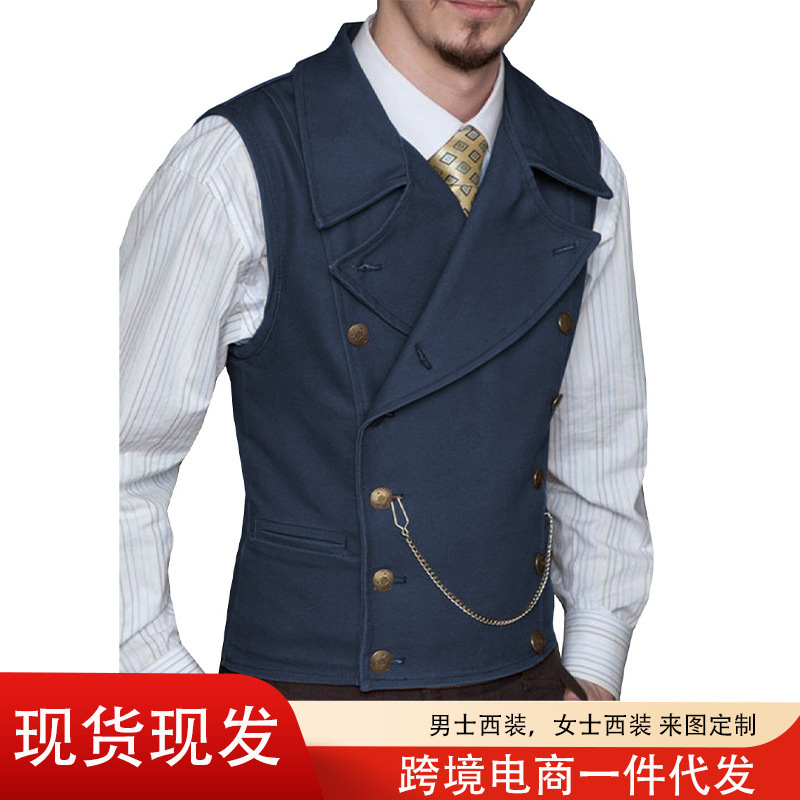 2025 Export Cross-Border New Men's Pure Color Suede Vest Double-Breasted Slim Fashion Men's Business Vest