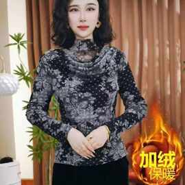 一件代发专柜网纱印花秋冬时尚长袖打底小衫宽松新款气质洋气妈妈