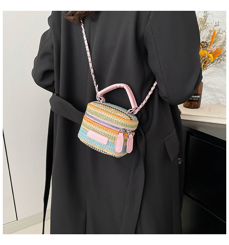 165g Weight Polyester Lining Material Weave Fashion Element Zipper Closure Type Top Handle, Chain Strap Type Crossbody Bag Bags Type Casual, Daily, Shopping Occasion Straw Material Multicolor Pattern Spring&Summer Season Women's Gender Vintage Style Style Cylindrical Shape Women's Straw Multicolor Vintage Style Weave Cylindrical Zipper Crossbody Bag 7