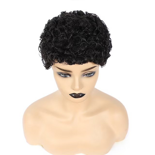Synthetische Perücke, kurze Haare, Damen, flauschige schwarze synthetische Perücke, kleine lockige Kopfbedeckung_voghion.com