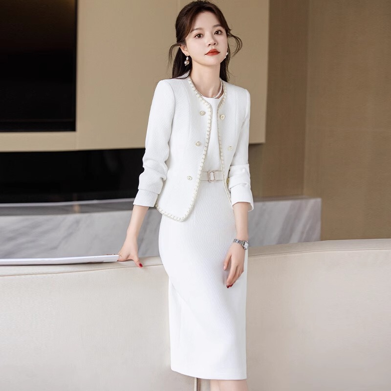 White Chanel Style Jacket Suit High-end Sense Professional suit Elegant Jacket dress Tight Waist Two-piece Dress White Chanel Style Jacket Suit High-end Sense Professional suit Elegant Jacket dress Tight Waist Two-piece Dress