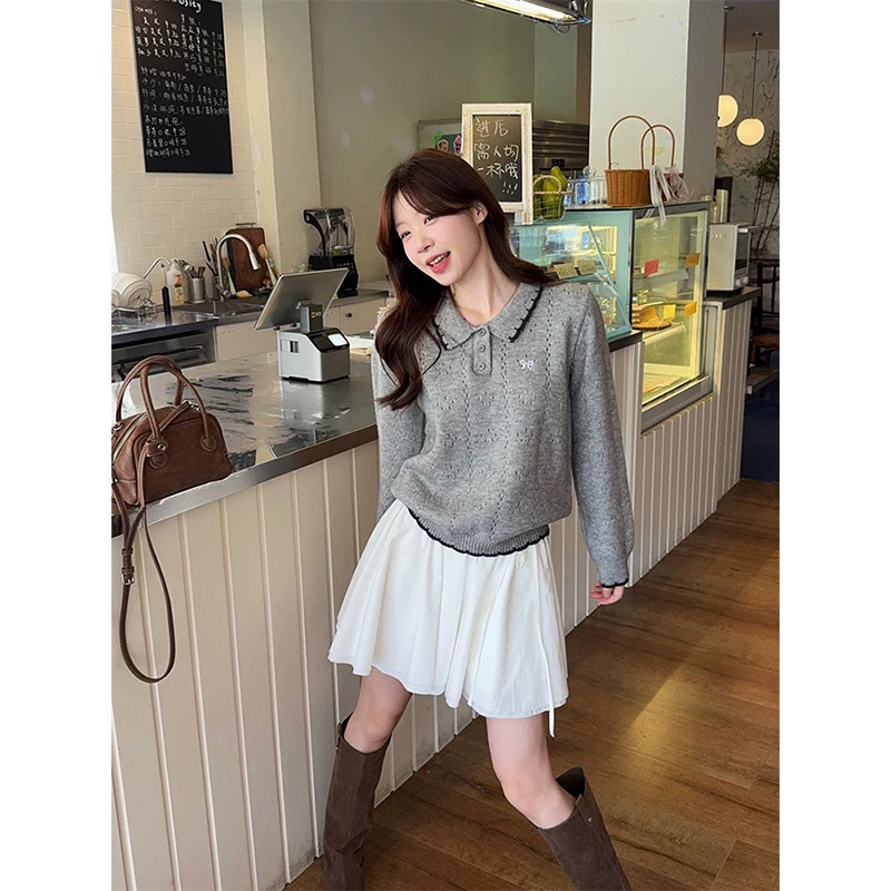 Gray Polo Collar Knit Sweater for Women, 2026 Autumn/Winter New Slimming Base Layer Long Sleeve Top