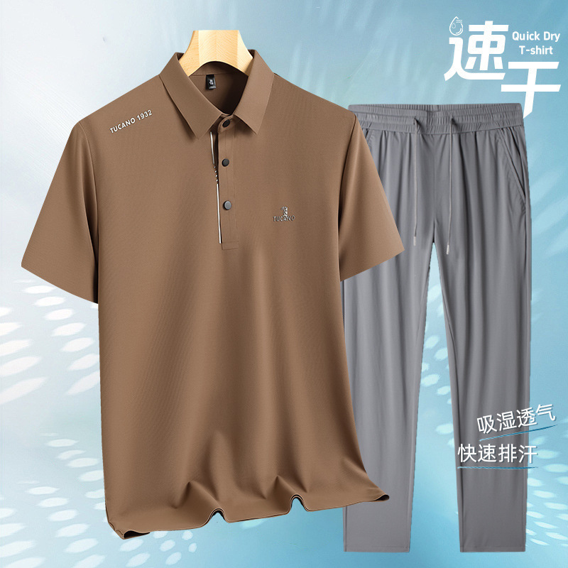 キツツキ夏アイスシルクシームレススーツメンズ半袖 Tシャツカジュアルパンツ 2025 新しいお父さんツーピースセット|undefined
