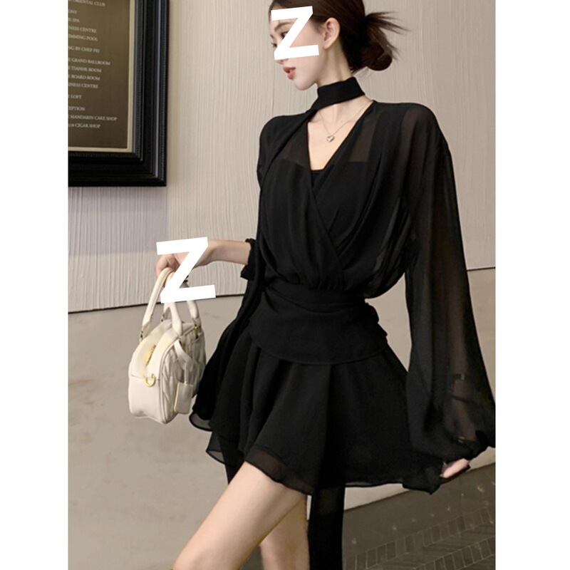 Black Elegant Women's New Long-Sleeved French Dress with Ribbon Design Hot Girl Waist Slimming Short Skirt Black Elegant Women's New Long-Sleeved French Dress with Ribbon Design Hot Girl Waist Slimming Short Skirt