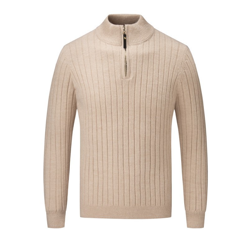 Men's Jacquard Striped Knitted Sweater With Stand-up Collar Zip_voghion.com