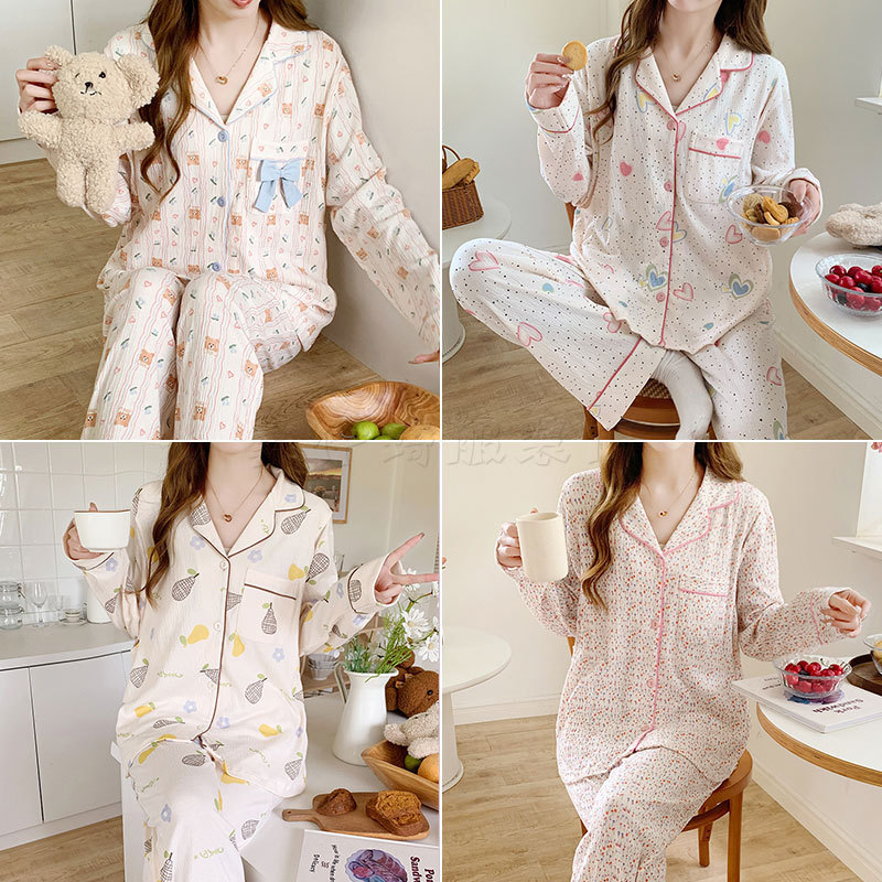 Spring and Summer Crepe Pure Cotton Crescent Clothing Thin Nursing Pajamas for Pregnant Women Large Size Pregnant and Postpartum Feeding Set