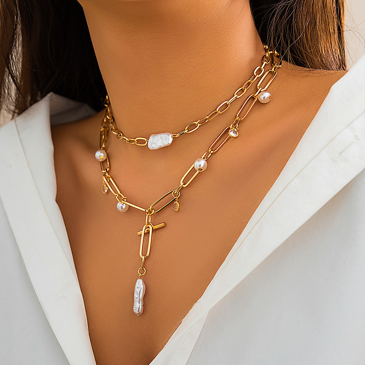 32g Weight Iron Pendant Material Necklace Classification Iron Chain Material 1 Piece Quantity Date, Tea Party Occasion Imitation Pearl, Iron Material Geometric Pattern Women's Gender Plating Design Elegant, Simple Style Style Elegant Simple Style Geometric Imitation Pearl Iron Wholesale Necklace 2