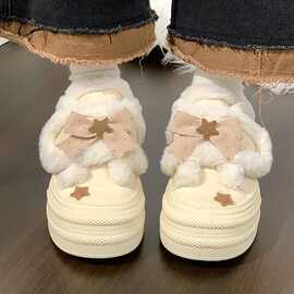 新品蝴蝶结厚底小白鞋女秋冬加绒棉鞋新品新品百搭大头潮板鞋成年