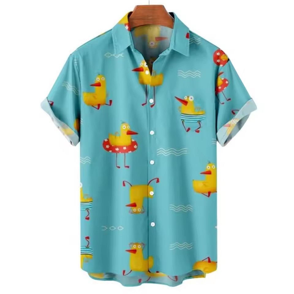 2024 venta caliente piscina patito amarillo dibujos animados animal estampado 3D hombre vacaciones hawaiano camisa de manga corta con botones
