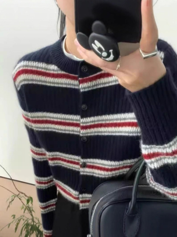 欧货时尚撞色圆领条纹毛衣开衫女秋冬宽松百搭小众设计感针织上衣|undefined