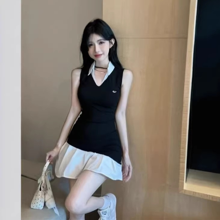 American College Style Fake Two-Piece Shirt Dress for Women, Summer Slim Fit, Waist-Cinching, Slimming, Elegant Sleeveless Tank Dress