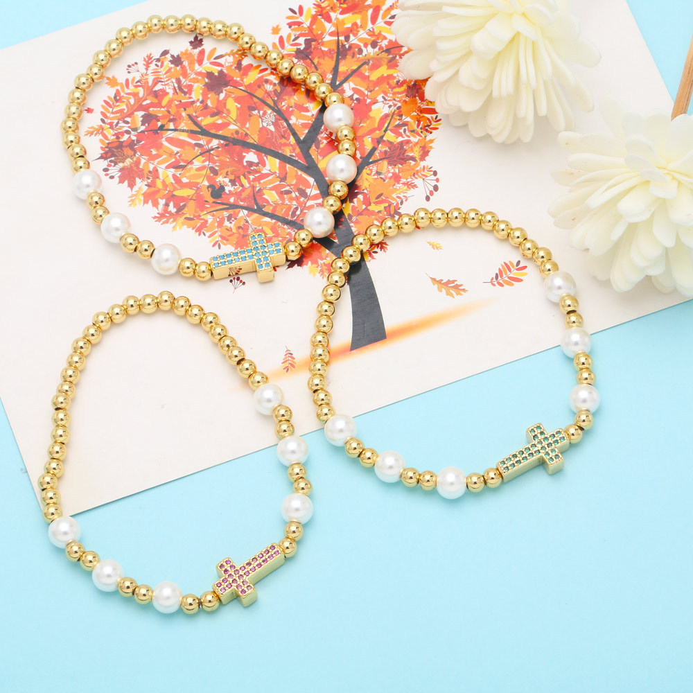 Fashion Cross Copper Bracelets Beaded Pearl Gold Plated Zircon Copper Bracelets