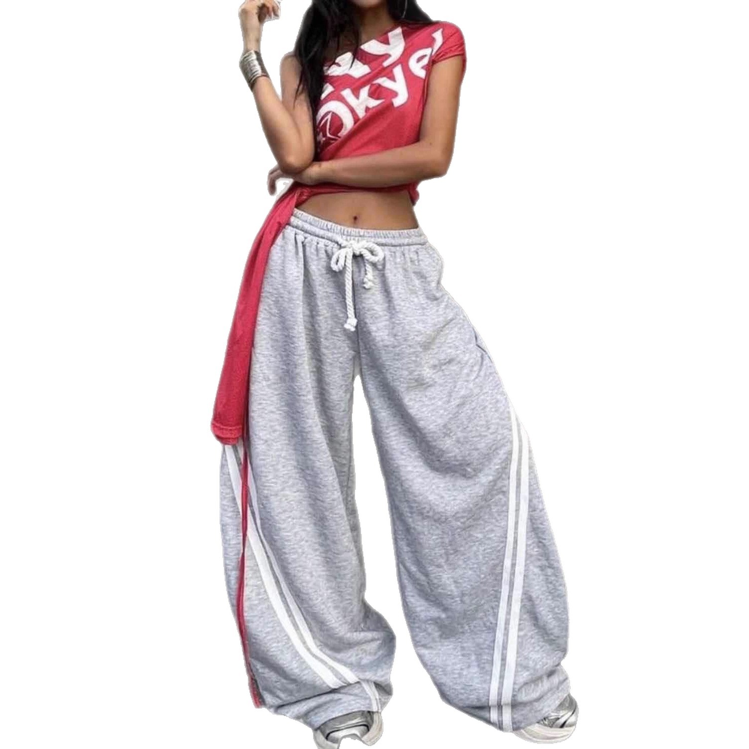Comercio exterior transfronterizo calles rayas gris pantalones deportivos elásticos cintura casual suelta cintura alta piernas largas pantalones de trapaza image 6