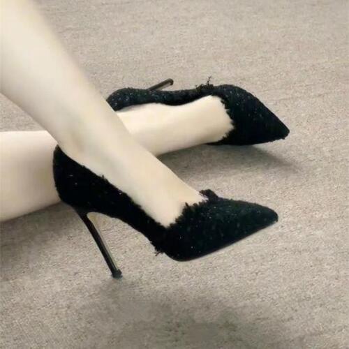 High Heels Women Slim Heel 2025 Autumn Winter Woven Western French Pointed Toe Single Shoes Chanel Style Women's Shoes