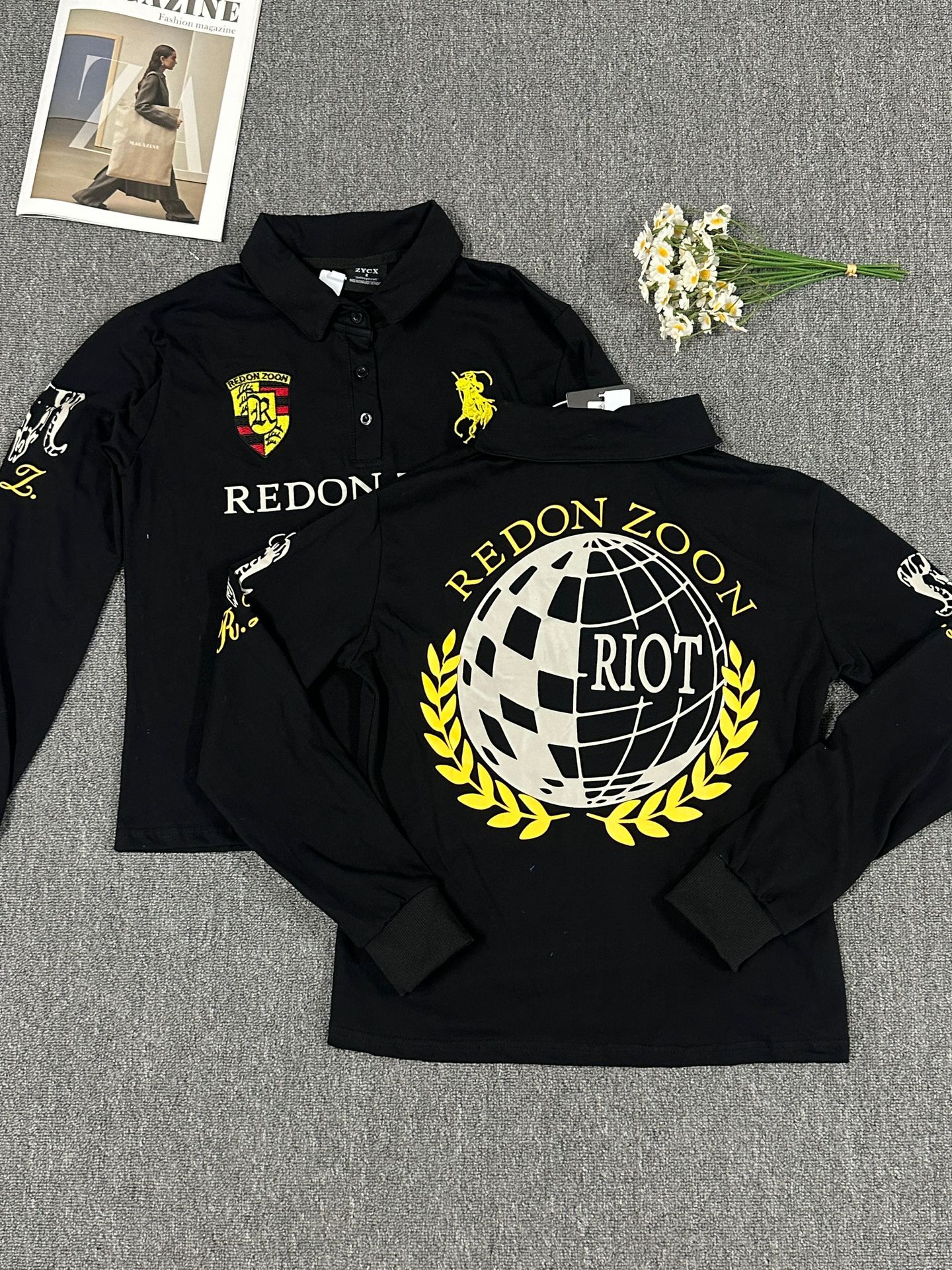 美式复古polo衫翻领长袖t恤男女春秋季穿搭2026新款黑色印花上衣