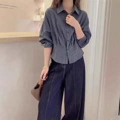 大码胖mm韩系格子长袖衬衫女装早秋2025新款高级收腰显瘦小衫上衣