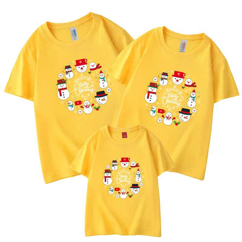 2022 círculo muñeco de nieve Feliz Navidad padre-hijo Camiseta de manga corta al por mayor verano algodón refinado ropa para niños bienes transfronterizos europeos y americanos