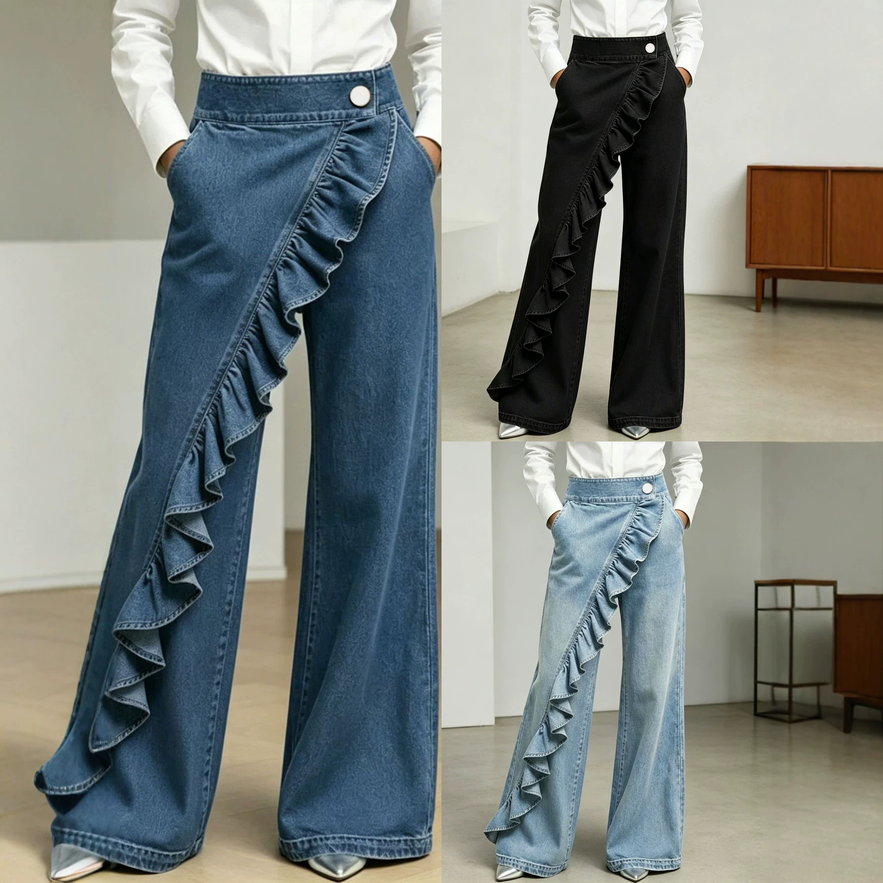 Washed Ruffled Wide-Leg Jeans for Women, High-Waisted with Asymmetrical Diagonal Placket Design, New Autumn Style for Daily Commuting and Casual Wear
