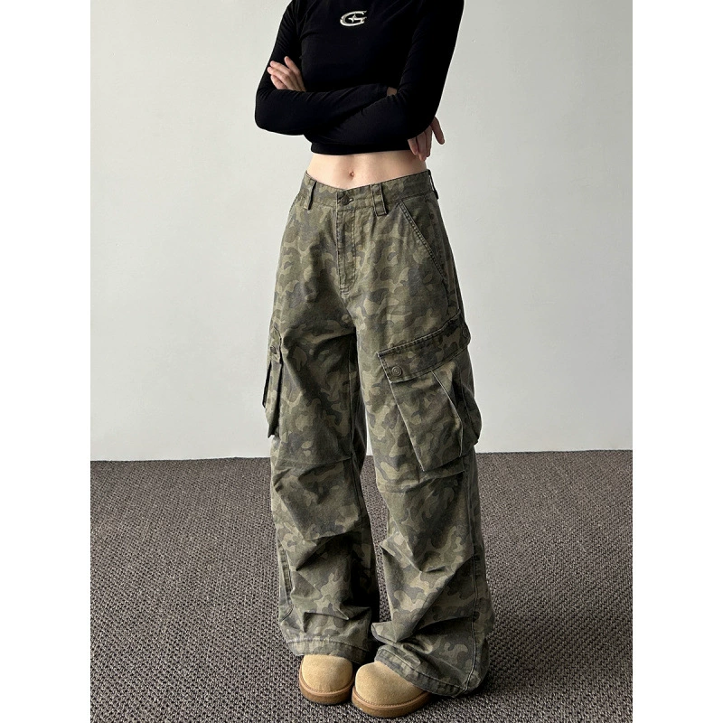 Американский дизайн чувство ретро мульти-карманные камуфляжные брюки для мужчин и женщин свободные прямые широкие повседневные брюки