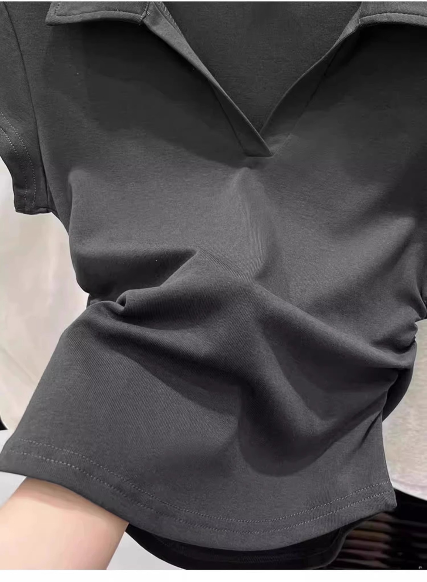 Women's Clothing Slim Fit Polo Collar Top Short Sleeve Ruched V Neck Grey T-Shirt Stylish Fitted Hot Girl Look Summer_voghion.com