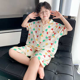 男童棉质水印短袖家居服睡衣套装大儿童夏款休闲翻领两件套代发潮